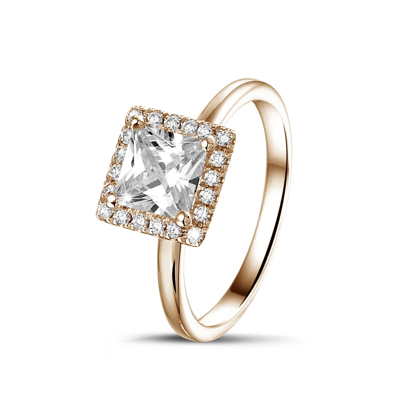 1.00 quilateshalo anillo solitario diamante princesa en oro rojo con diamantes redondos 