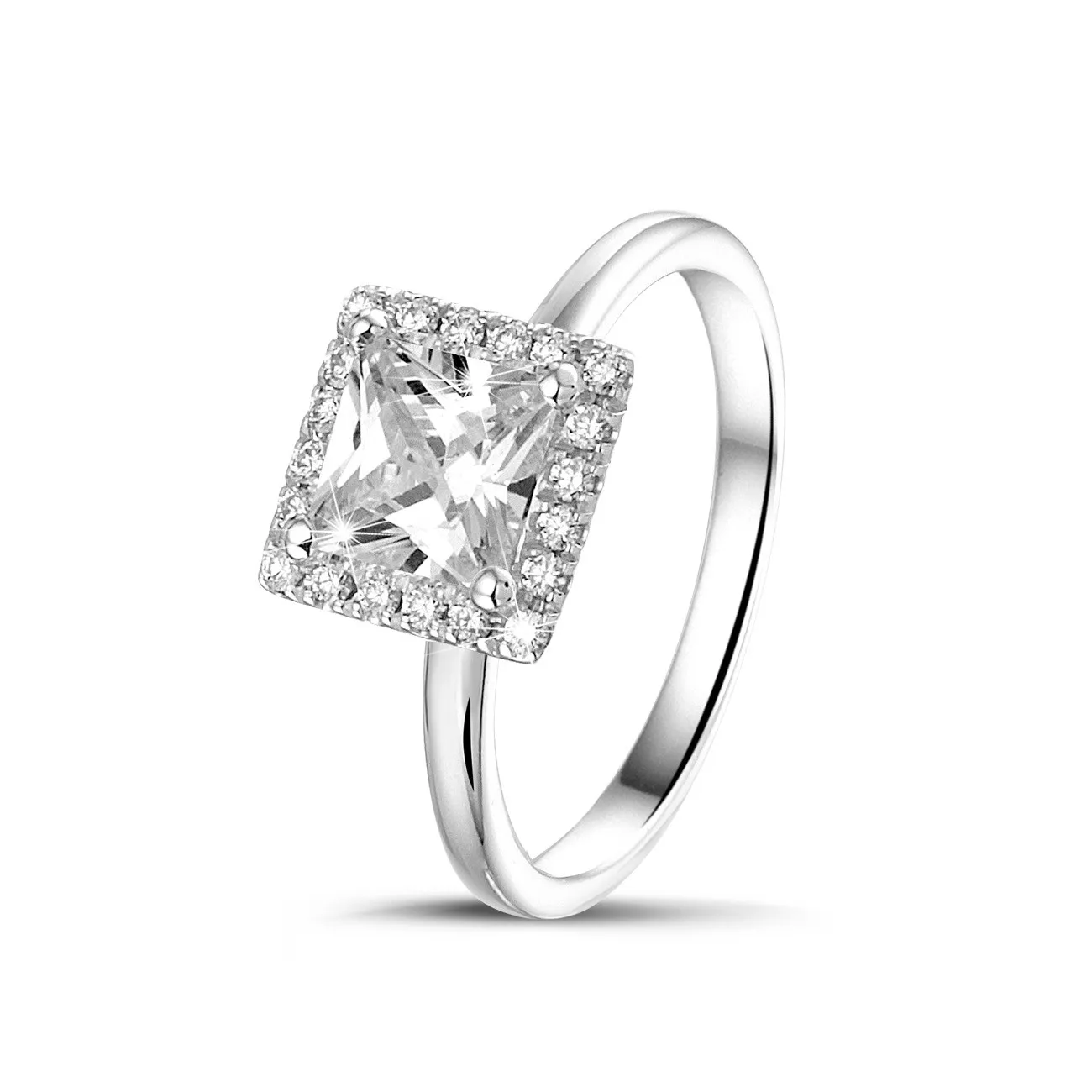 1.50 quilateshalo anillo solitario diamante princesa en oro blanco con diamantes redondos 