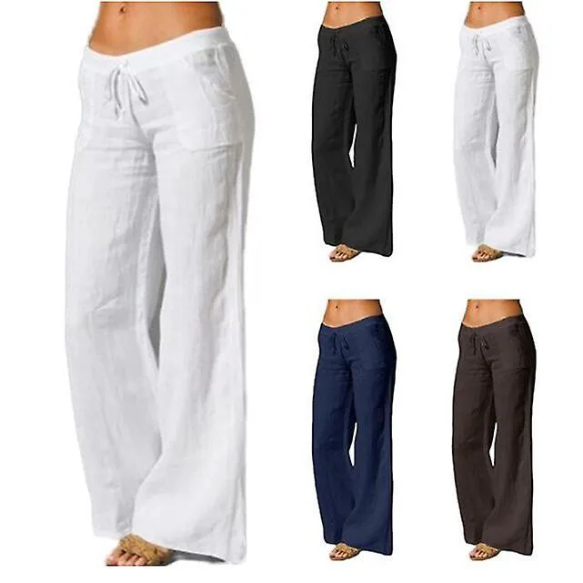 Algodón mujer Lino Pierna Ancha Pantalones Sólido Casual Elástico Cintura Larga Pantalones Largos