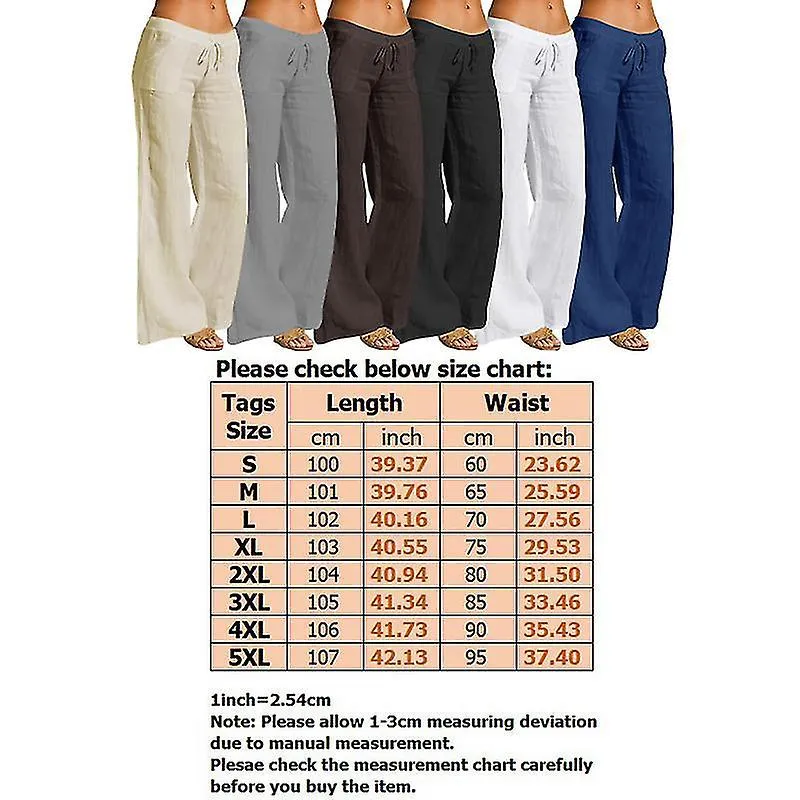 Algodón mujer Lino Pierna Ancha Pantalones Sólido Casual Elástico Cintura Larga Pantalones Largos