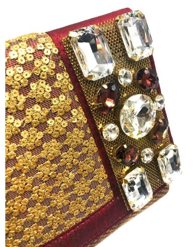 BOLSOS DE FIESTA DISEÑO CARTERA JOYA EN GRANATE Y DORADO