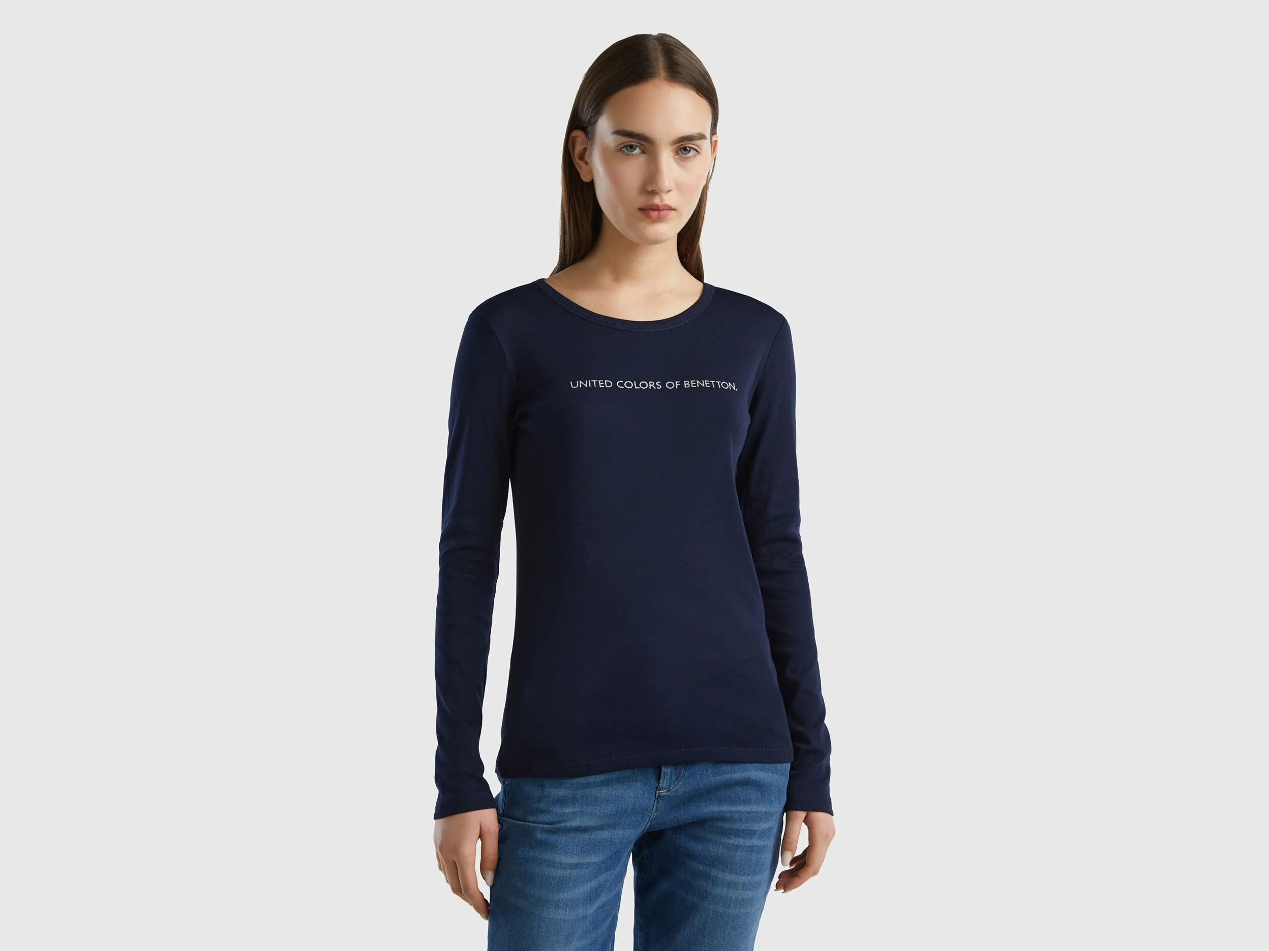 Camiseta de manga larga de 100 % algodón azul oscuro