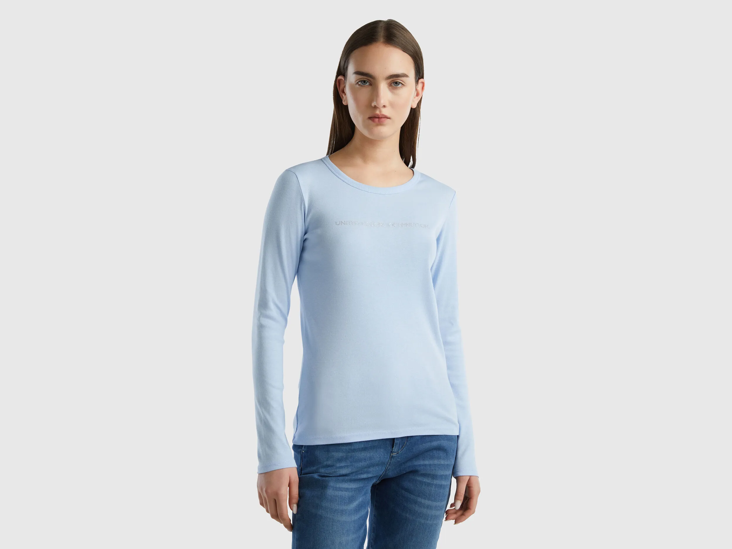 Camiseta de manga larga de 100 % algodón celeste