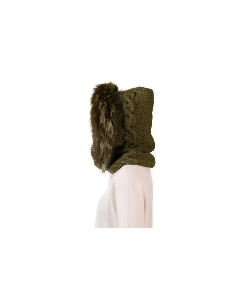 Capucha CASILDA Y JIMENA Punto Trenza Camuflaje Pelo Natural Caqui