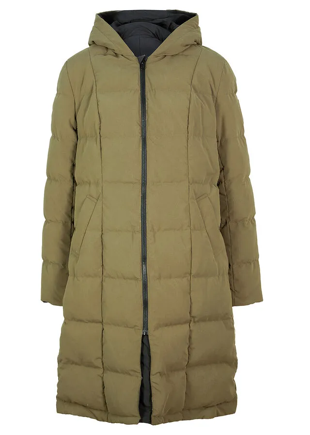 CHAQUETA GUATEADA REVERSIBLE Y LARGA VERDE OLIVA OSCURONEGRO