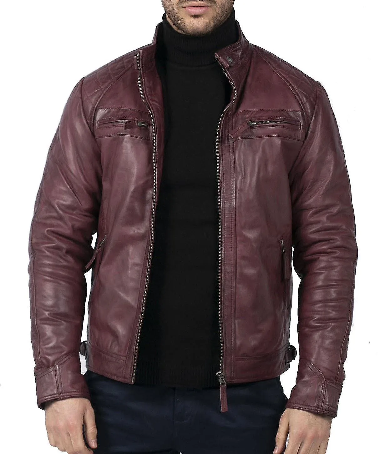 Chaqueta motera con cremallera de estilo retro para hombres Cuero real suave casual