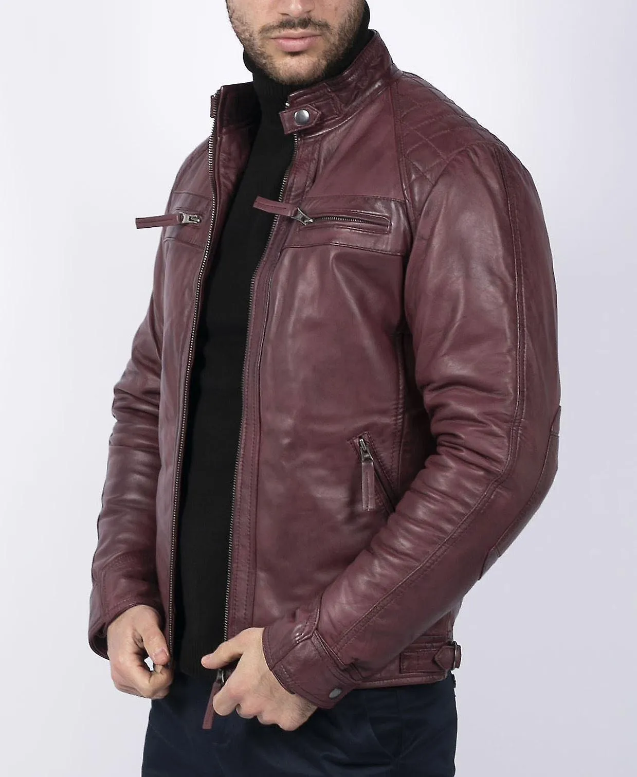 Chaqueta motera con cremallera de estilo retro para hombres Cuero real suave casual