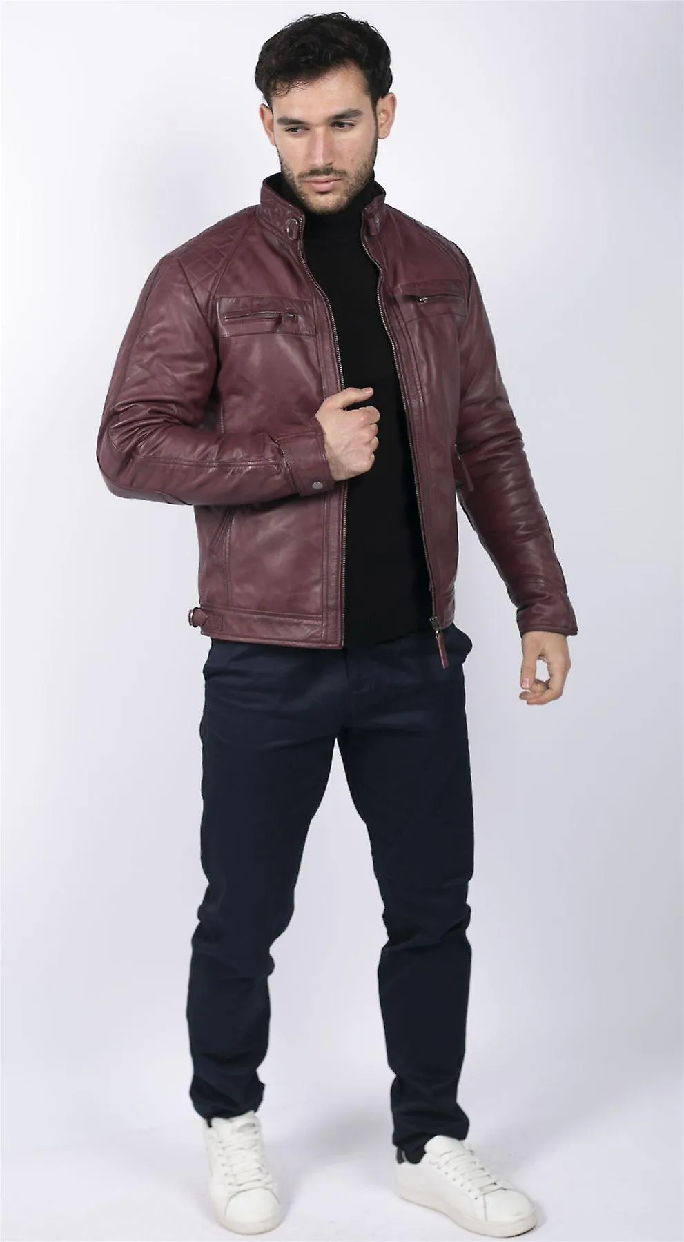 Chaqueta motera con cremallera de estilo retro para hombres Cuero real suave casual