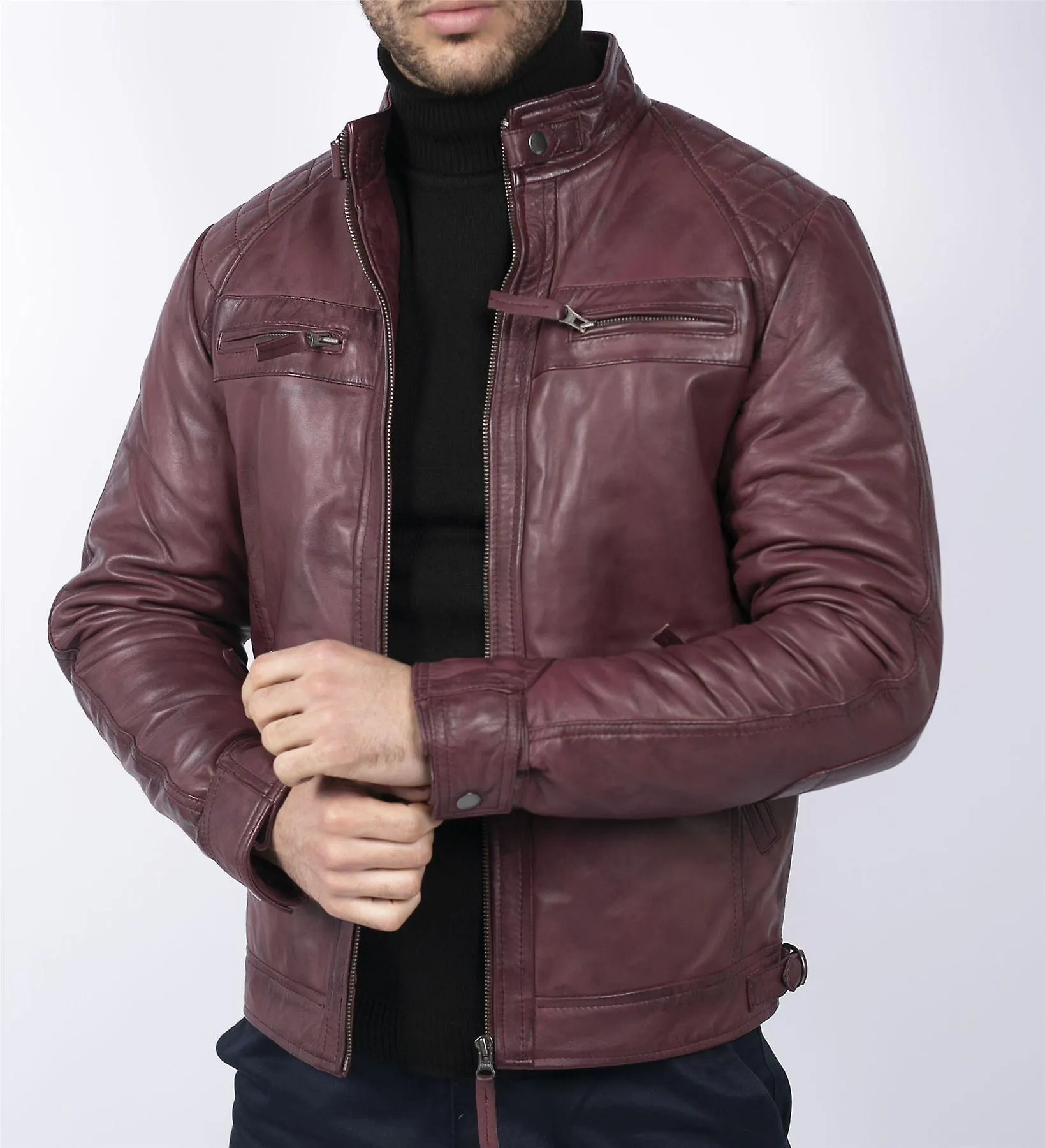 Chaqueta motera con cremallera de estilo retro para hombres Cuero real suave casual