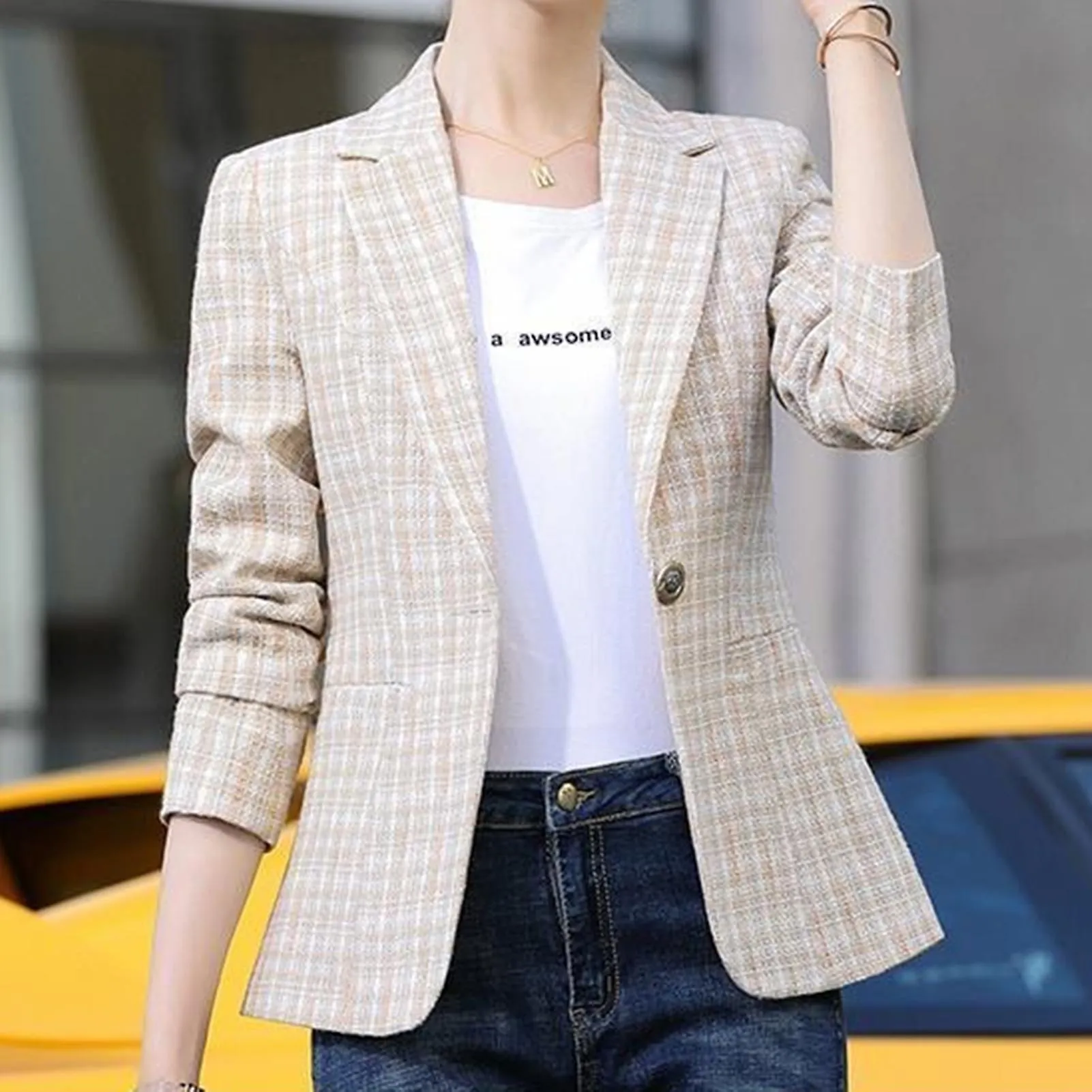 Chaquetas de traje de dama de oficina para mujer Blazer de tweed clásico a cuadros de doble botonadura para mujer Baile de fiest