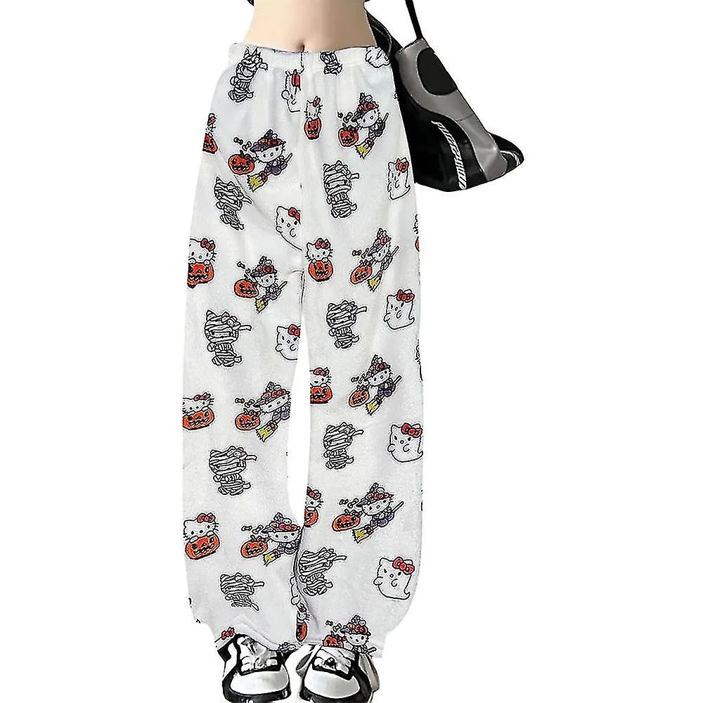 Hello Kitty Halloween Dibujos animados Pijama de franela Pantalones Mujer Invierno Cálido Kawaii Casual Acogedor Suave Pantalone