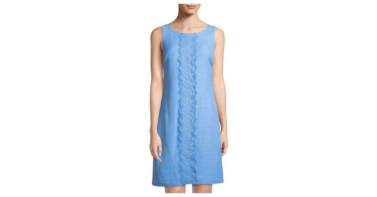 Karl Lagerfeld Vestido de tweed con detalle central de encaje. Azul claro 