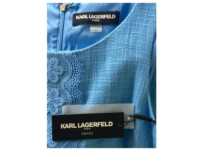 Karl Lagerfeld Vestido de tweed con detalle central de encaje. Azul claro 
