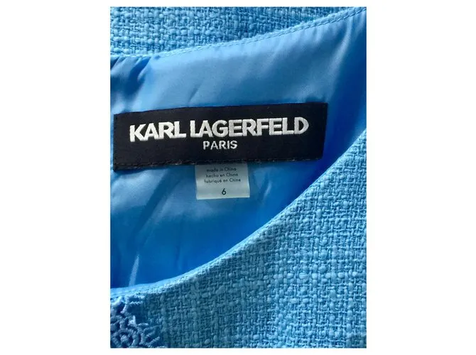 Karl Lagerfeld Vestido de tweed con detalle central de encaje. Azul claro 