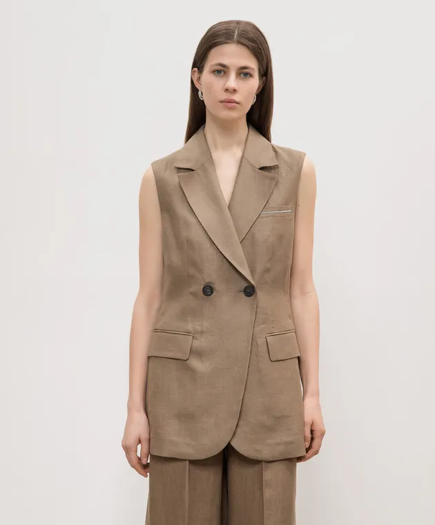 PESERICO BROWN DOUBLEBREASTED WAISTCOAT MADE OF LINEN WITH LUREX