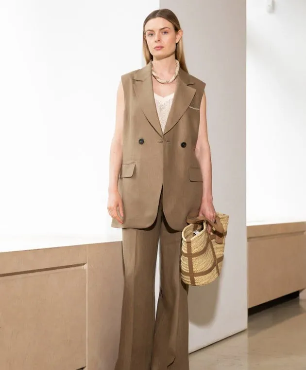 PESERICO BROWN DOUBLEBREASTED WAISTCOAT MADE OF LINEN WITH LUREX