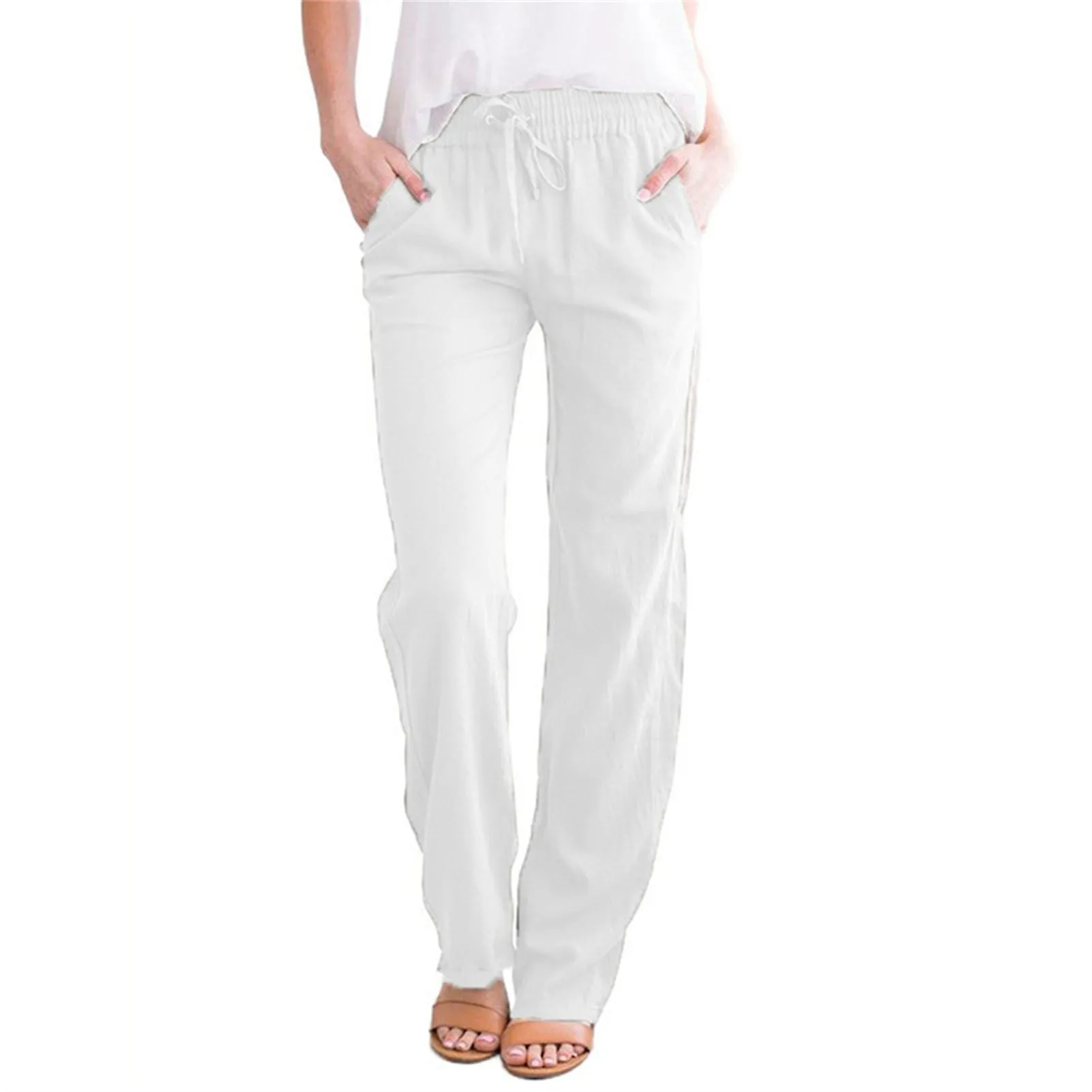 Pierna ancha de mujer Palazzo Pantalones de lino suelto Cordón Pantalones recortados Pantalones
