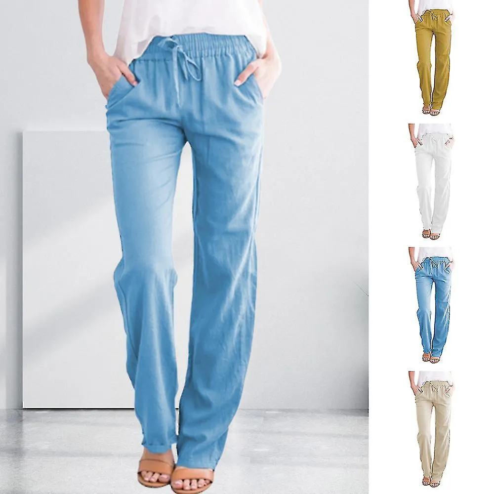 Pierna ancha de mujer Palazzo Pantalones de lino suelto Cordón Pantalones recortados Pantalones