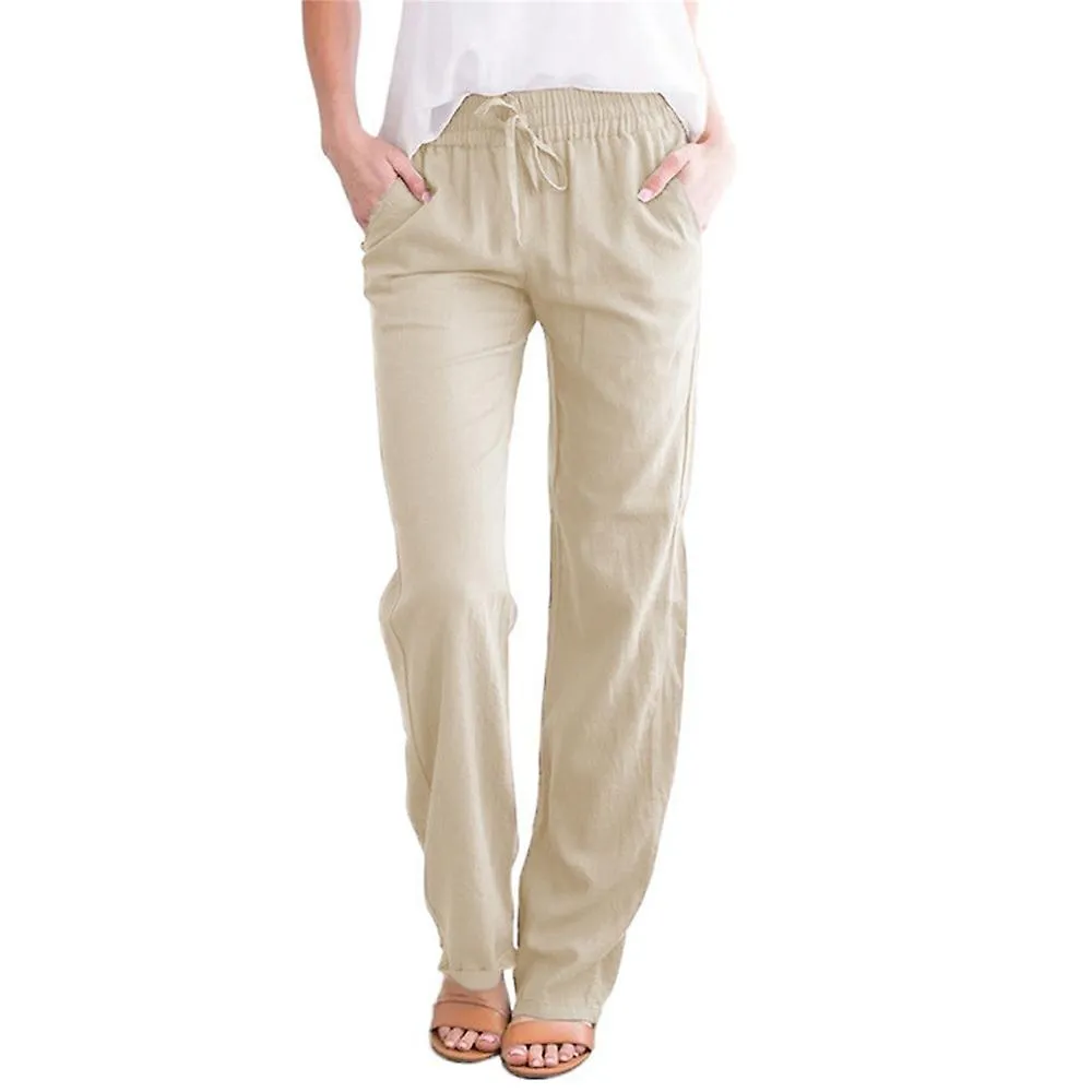 Pierna ancha de mujer Palazzo Pantalones de lino suelto Cordón Pantalones recortados Pantalones