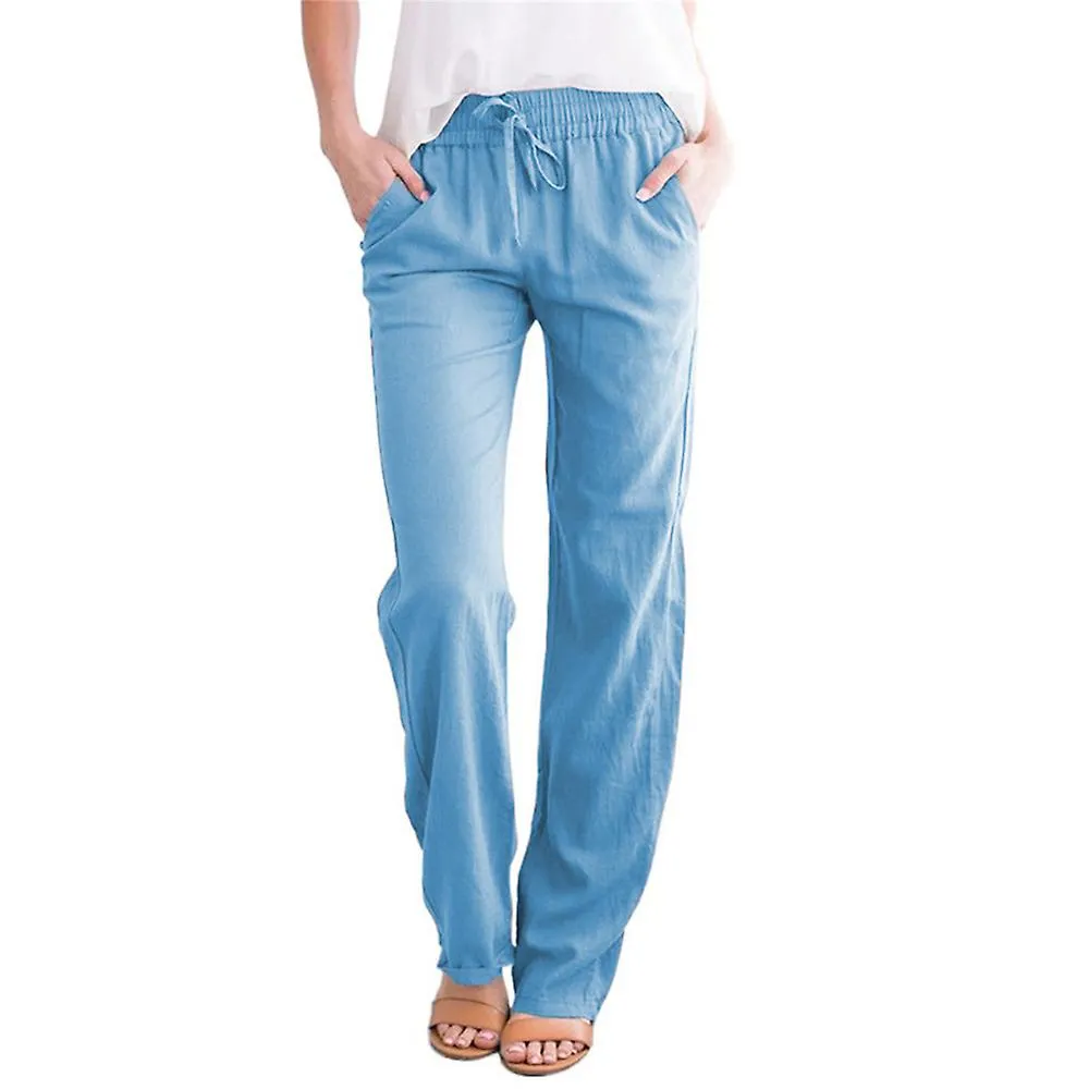 Pierna ancha de mujer Palazzo Pantalones de lino suelto Cordón Pantalones recortados Pantalones