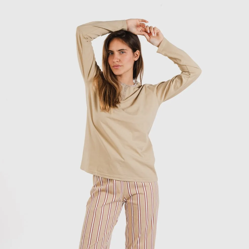 Pijama largo algodón Raya Ico arena