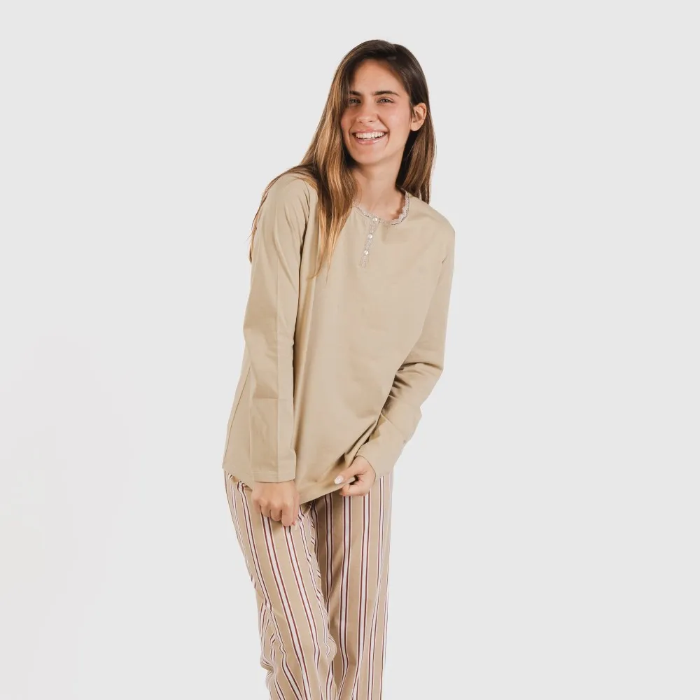 Pijama largo algodón Raya Ico arena