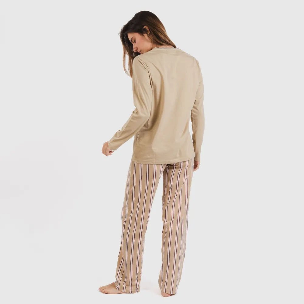 Pijama largo algodón Raya Ico arena