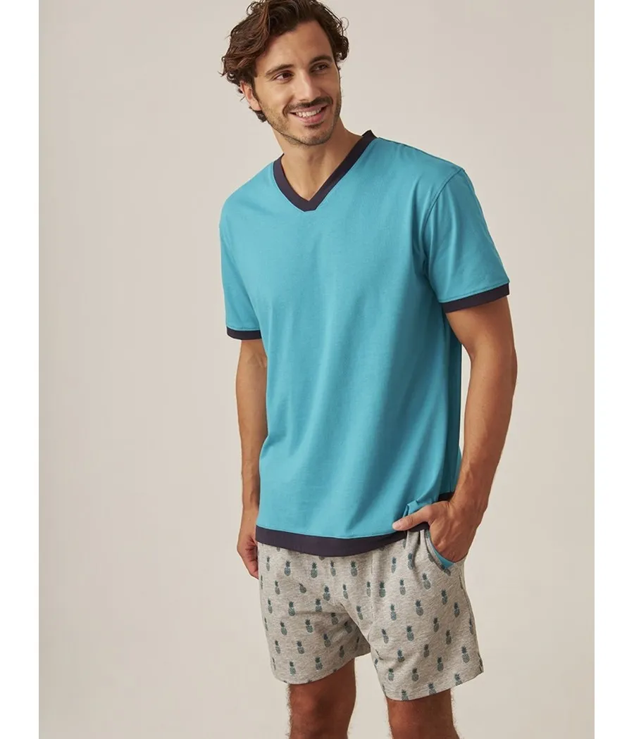 Pijama verano hombre J&J Brothers turquesa bolsillos algodón