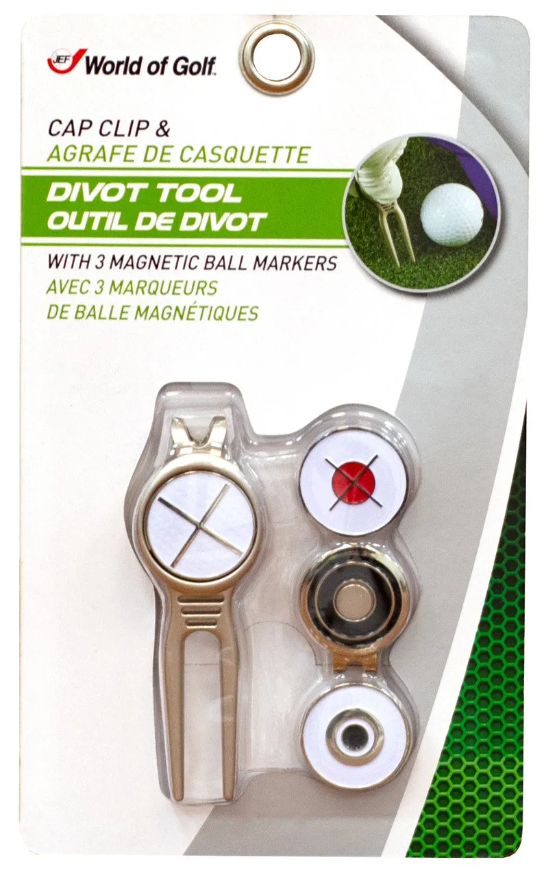 Reparador Divot JEF World of Golf Y Cap Clip con 3 Marcas