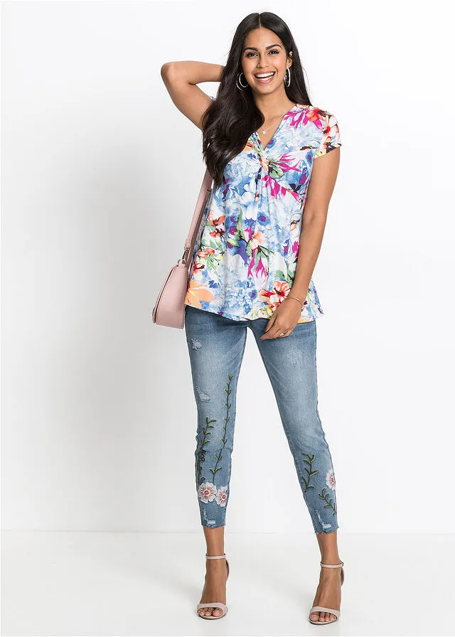 Top anudado de verano Azul de flores