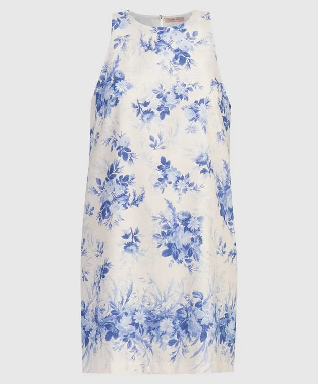 Twinset Beige mini dress with linen in a floral print