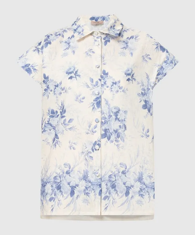 Twinset White blouse with linen in a floral print