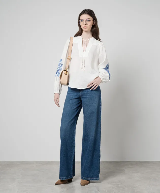 Twinset White linen shirt with a floral motif