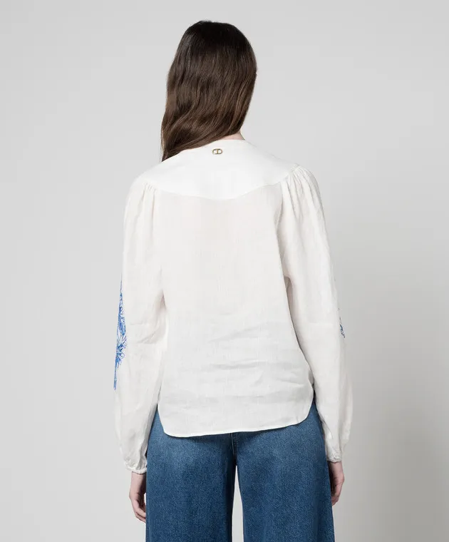 Twinset White linen shirt with a floral motif