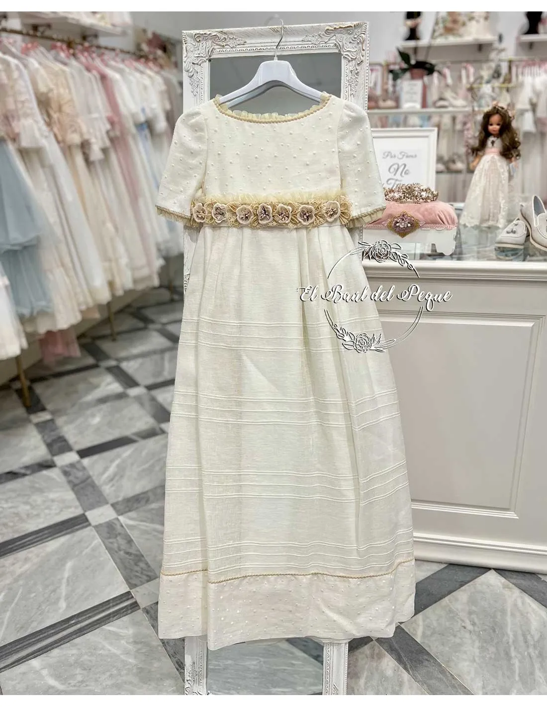 Vestido Comunión Crudo Cinturón Flores Francis Montesinos