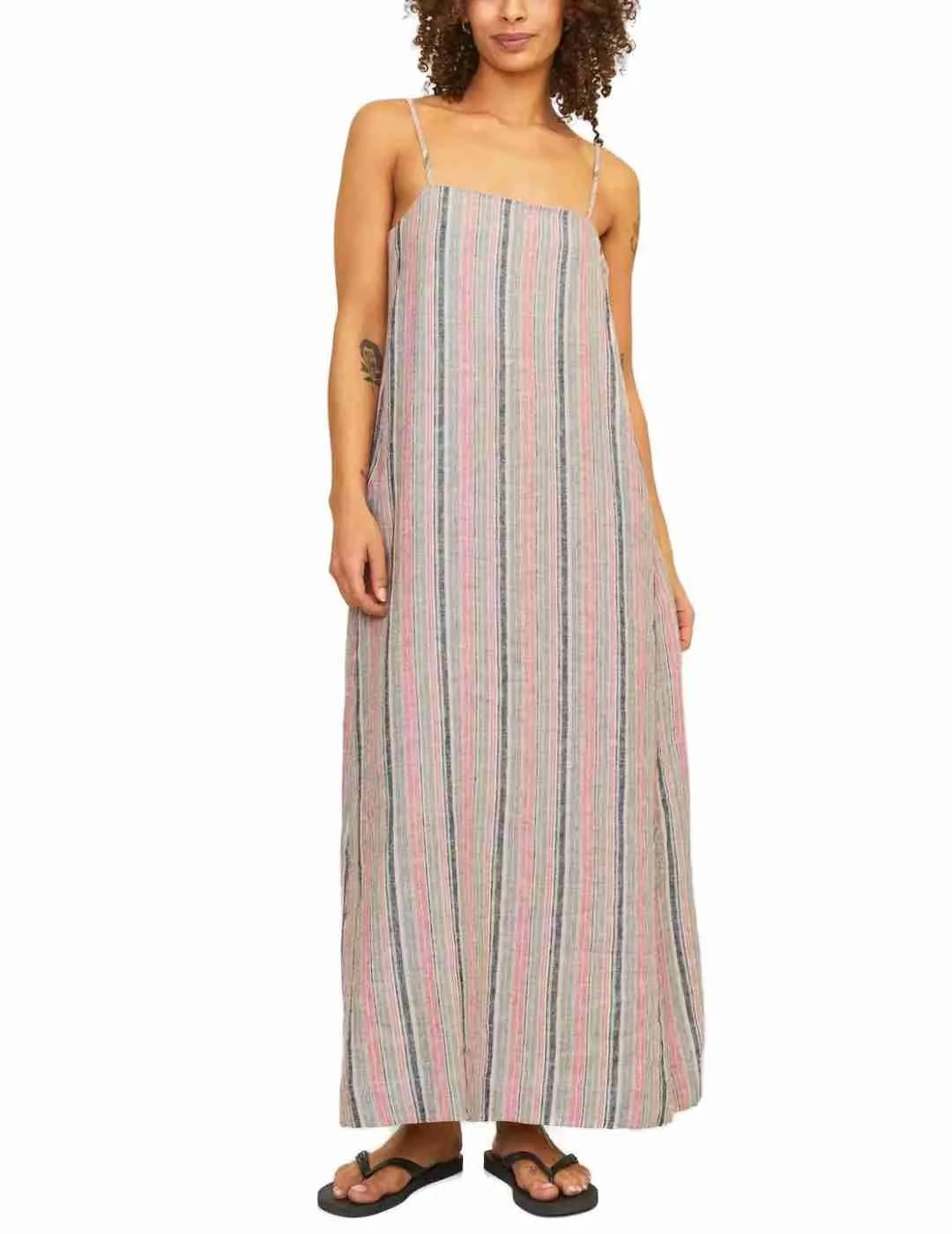 Vestido largo JJXX Raya lino beige con rayas de mujer