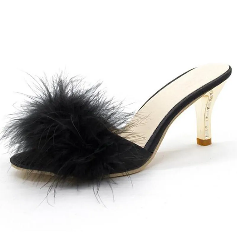 Zapatos de verano para mujer, zapatillas finas de tacón alto con plumas, mulas con punta abierta, zapatos de tacón para mujer, z