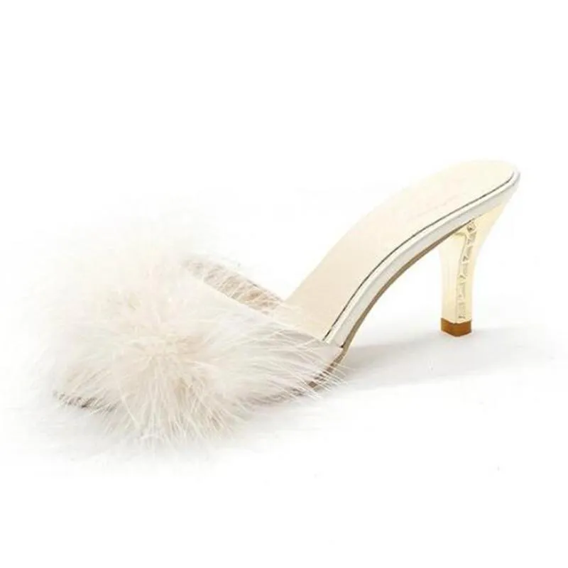 Zapatos de verano para mujer, zapatillas finas de tacón alto con plumas, mulas con punta abierta, zapatos de tacón para mujer, z