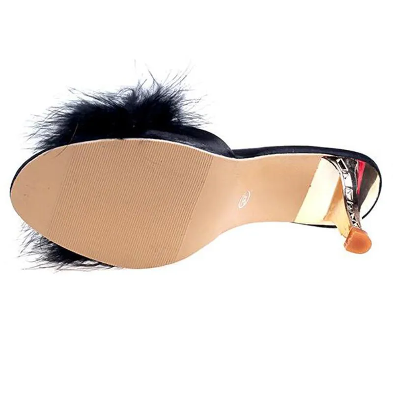 Zapatos de verano para mujer, zapatillas finas de tacón alto con plumas, mulas con punta abierta, zapatos de tacón para mujer, z