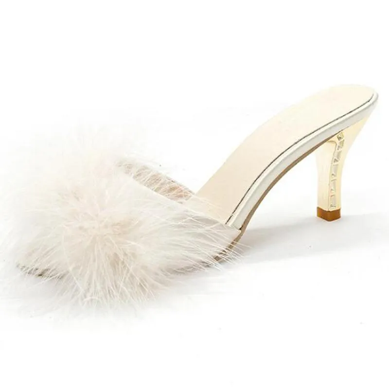 Zapatos de verano para mujer, zapatillas finas de tacón alto con plumas, mulas con punta abierta, zapatos de tacón para mujer, z